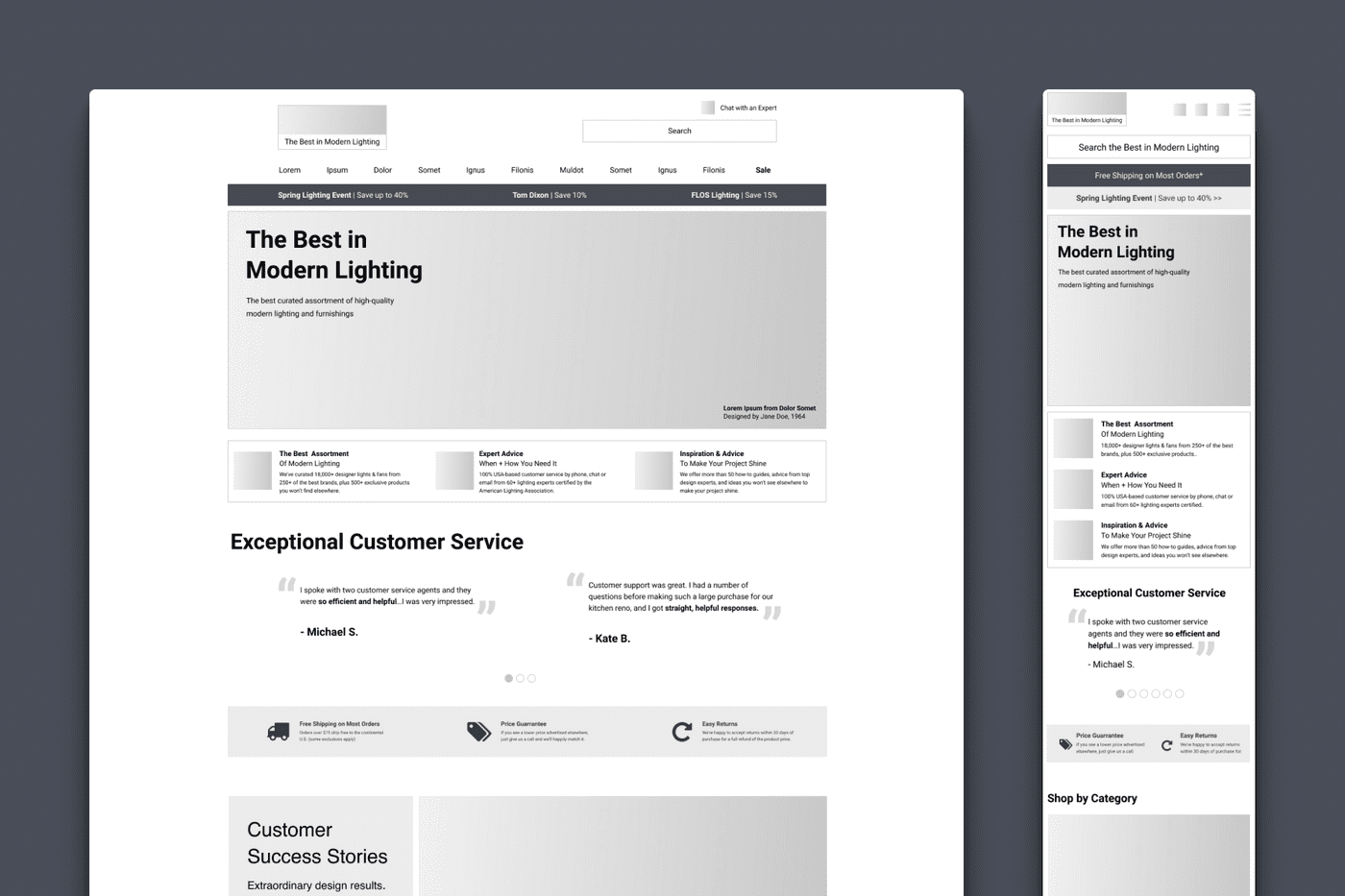 Desktop and mobile homepage wireframe next to eachother